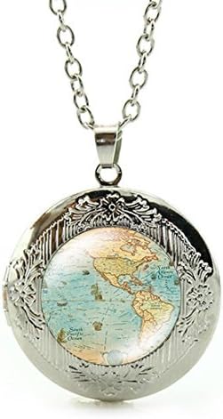 SunShine Day Silver Necklace, Globe Map Earth World Map Art Design Girls/Boys Chain Necklace with Pendant