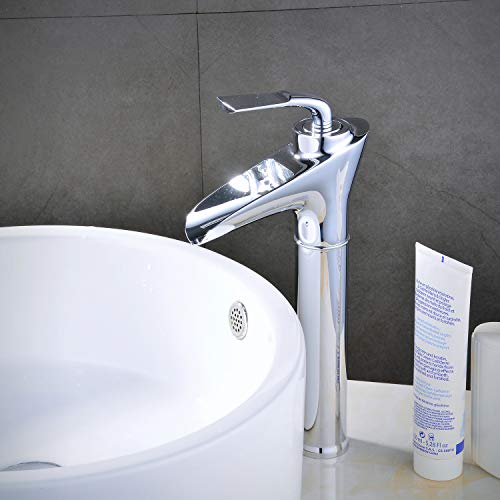Modern Waterfall Lavatory Bathroom Faucet Tall Deck Mount One Handle Single Hole Vessel Mixer Tap Plumbing Fixtures Unique Designer Chrome
