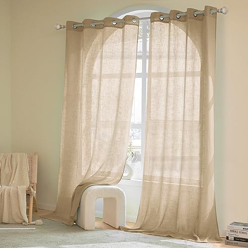 Woaboy Linen Curtains Translucent Net Curtains with Eyelets Modern Decorative for Living Room, Window, Bedroom, 2 Pieces, 140 x 260 cm, Beige