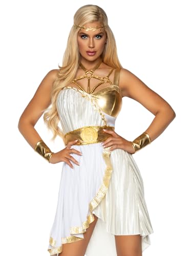 Leg Avenue Women Grecian Goddess dress with braided halter harness emblem belt, leaf headband and arm cuffs