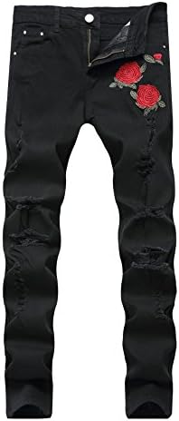 Men's Slim Fit Stretch Pants Ripped Black Jeans with Floral Rose Embroidery
