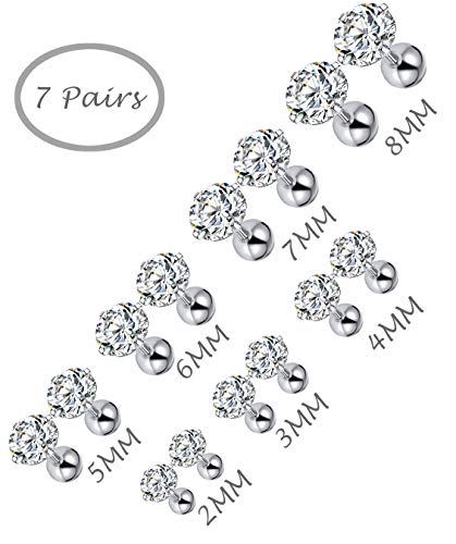 Tornito 7 Pairs 20G Stainless Steel Stud Earrings Round Cubic Zirconia Earring Set For Men Women 2MM-8MM (C1:7 Pairs, Silver Tone, Screw Ball)