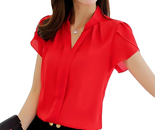 UbdehL Women's Polyester Blouse Short Sleeve V Neck Petite Elegant Shirt Korean Fashion Wear to Work Tops (L175, Red)
