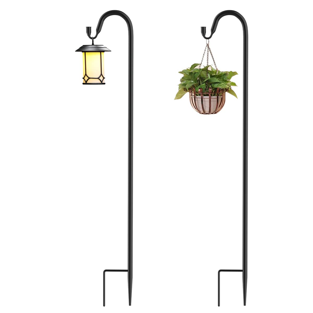 QIZENME 2 Pack Shepherds Crook Hooks, Adjustable Height Shepherds Hooks with Base, 76 cm/29.64 in Metal Border Hook for Garden Lights, Lanterns,Plant Baskets (Black)