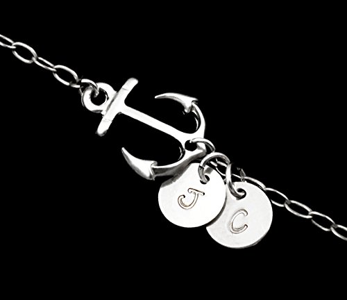 Sterling Silver Sideways Anchor Initial Necklace . Up to 7 Initials