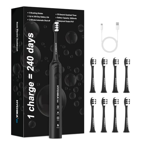 Sonic Electric Toothbrush for Adults, Rechargeable 240 Days Battery Life with 2500 mAh, 8 Replacement Heads, 3 Cleaning Modes and IPX7 Waterproof, Black