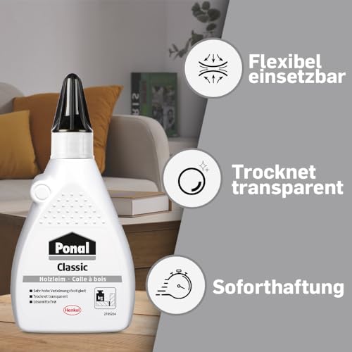 Ponal Classic, gebrauchsfertiger Holzleim mit hoher Verleimungsfestigkeit, Holzkleber für Montage-, Flächen- & Fugenverleimungen, transparenter Bastelleim, 1x550g thumbnail 3