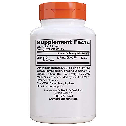 image for Doctor's Best Vitamin D3 5000IU, Non-GMO, Gluten Free, Soy Free, Regul