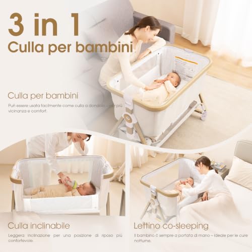 Maydolly Beistellbett 3 in 1 Portable Baby Bed with Breathable Mesh and Sheet, Adjustable Pram Cot (Cream White)