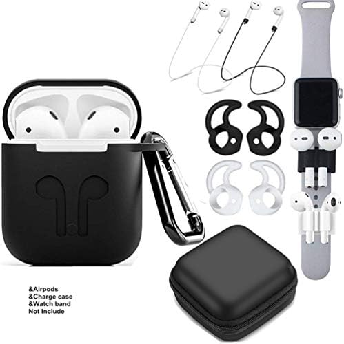 AirPods Case 9 In 1 Airpods Accessories Kits Protective Silicone Cover and Skin Compatible Apple Airpods 2&1 Charging Case with Airpods Ear Hook/Tips/Airpods Strap/Clips/Watch Band Holder Black