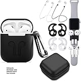AirPods Case 9 in 1 Airpods Accessories Kits Protective Silicone Cover and Skin Compatible Apple Airpods 2&1 Charging Case with Airpods Ear Hook/Tips/Airpods Strap/Clips/Watch Band Holder Black