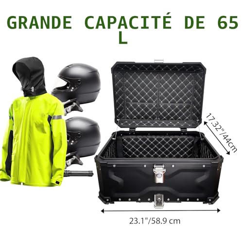 VOKKA Top Case for Motorcycle, 65L Aluminium Alloy Motorcycle Case, Waterproof Dustproof and Anti-Theft, Luggage Box for Storage Helmets, Scooter Top Case with Backrest and Base Plate (Black)