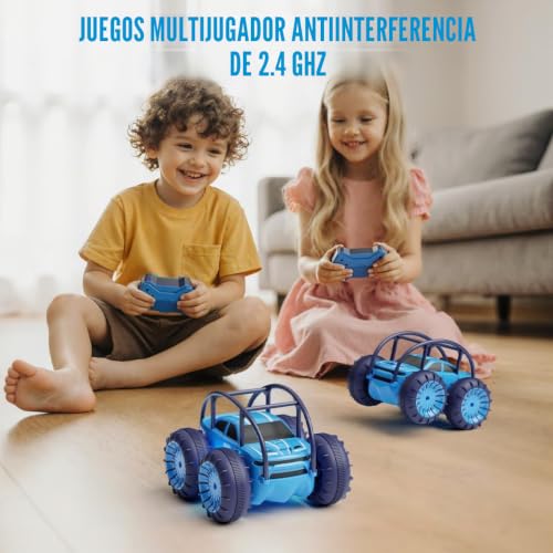MaxTronic Amphibious Remote Control Stunt Car, Dual USB-C Charging for Car and Controller, 2.4 GHz, 360° Laps and Adjustable LED Lights, 15 km/h, RC Toy Boys and Girls Ages 3 to 12