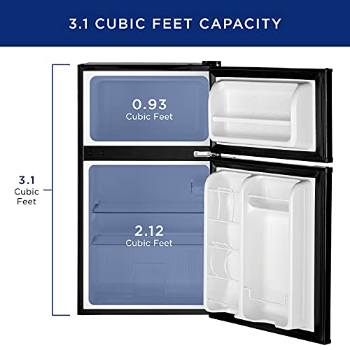 GE Mini Fridge With Freezer 3.1 Cubic Ft. DoubleDoor Design With Glass Shelves, Crisper