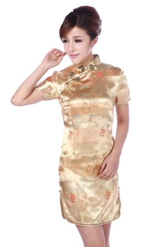 JTC Qipao Women's Chinese Dragon and Phoenix Cheongsam Dress Gold
