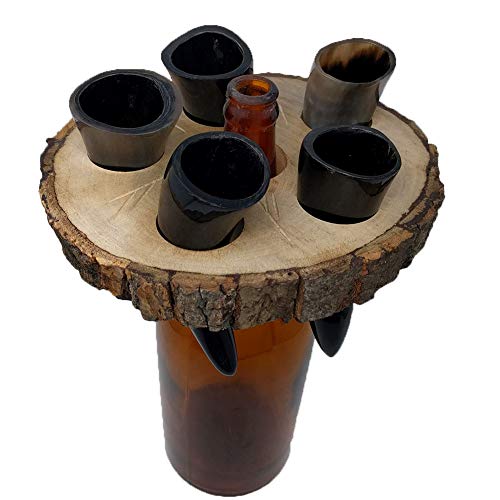 Alehorn Handcrafted Genuine Viking Wine/Mead Drinking Horn 50 ML Toasting Horn Shot Glasses Set of 5 w/Rustic Custom Wooden Holder Tray Rack Display Stand Decor