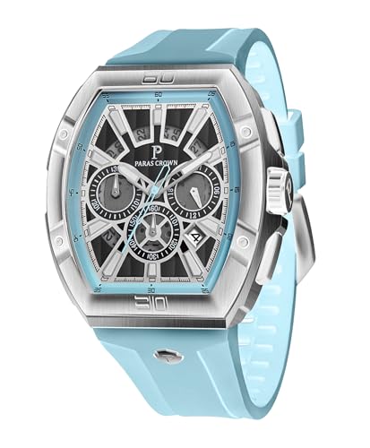 PC PARAS CROWN Men's Chronograph Sport Casual Watch with Japanese Movement Water Resistant 5 ATM Stainless Steel Tonneau Case Silicone Strap Quartz