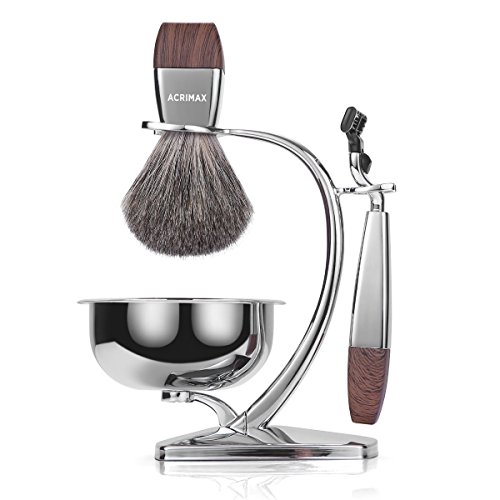 ACRIMAX Premium Badger Hair Shaving Brush Set with Luxury Brush Stand and Brush holder for Soap Bowl and Manual MACH3 Razor Gift Kits for Men (MACH3)