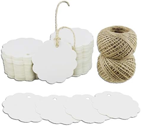 Kraft Gift Tags 200 PCS Scalloped Round Paper Tags Blank Label with Jute Twine for Handmade Party Favors as Thank You Card Vintage Brown Price Tags (White)