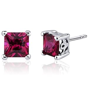Peora Created Ruby Stud Earrings 925 Sterling Silver, Solitaire Scroll Gallery, 3 Carats Total Princess Cut 6mm…