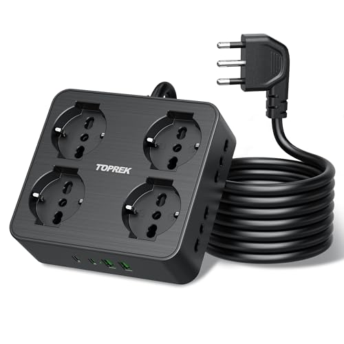 TOPREK Electrical Power Strip with 8 Universal Sockets ITA 10/16A and Schuko, 2 Metres Electrical Extension Cable and 2 USB C (20W PD3.0 Quick Charge) and 2 USB A with Switch, 16A Elbow Plug 90°, 4000W