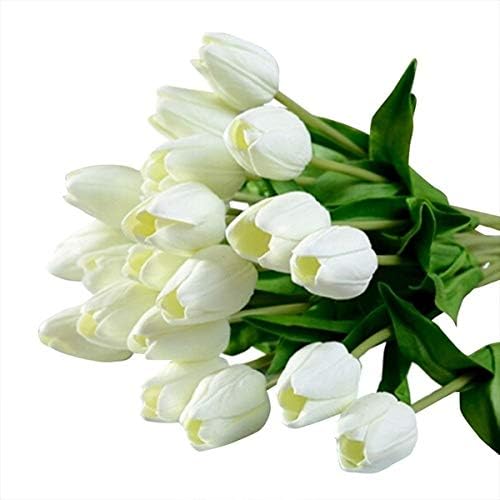 Meide Group USA 10" Real Touch Mini Tulips Spring Flowers for Home Decor, Wedding Bouquets, and centerpieces (24 PCS) (Milky White)