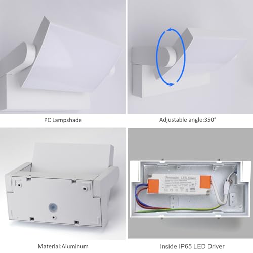Klighten LED Wall Light Dimmable Outdoor Indoor 24W APP Control, Timer, IP65 Wall Lights, Adjustable Modern Aluminium Wall Lamps for Entrance Balconies Gardens, White, 3000K-6000K