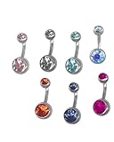 A-Pack of 7 Double Jeweled Belly Button Ring Pack-14g-Steel Short-Long Barbell-Custom Fit Navel Ring Set