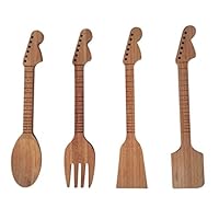 Bamboo Guitar Neck Shaped Kitchen Cooking Utensil Set - Guitar Shaped Musician Gifts - Set of 4: Spoon, Spatulas and Salad Fork