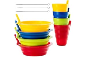 PLASKIDY Cereal Bowls with Straws & Kids Straw Cups - Set of 4 Kids Plastic Bowls with Straws & 4 Straw Cups for Kids BPA Free Dishwasher Safe Kids Bowls with Built-In Straw Include 3 Cleaning Brushes