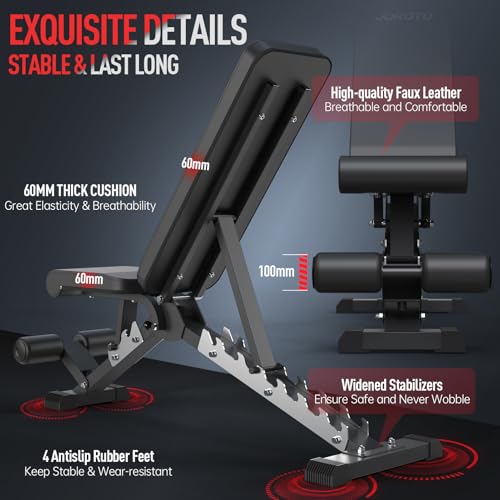 JOROTO MD60 Adjustable Weight Bench, Folding Training Bench, Incline Bench with 1.5 mm Thickened Steel for Home