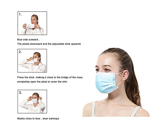 QIAN SOU Disposable Face Masks for Dust, Flu, Allergy, Germ Protection, 3-Ply filter face mask, Blue, Pack of 50