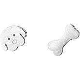 Tiny Cute Dog Bone Earrings 925 Sterling Silver Small Studs Earring for Women Hypoallergenic for Sensitive Ear Dainty Asymmetrical Animal Pet Post Birthday Jewelry Daughter (Brushed)