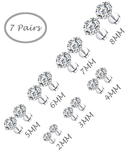 Tornito 7 Pairs 20G Stainless Steel Stud Earrings Round Cubic Zirconia Barbell Earring Set For Men Women 2MM-8MM