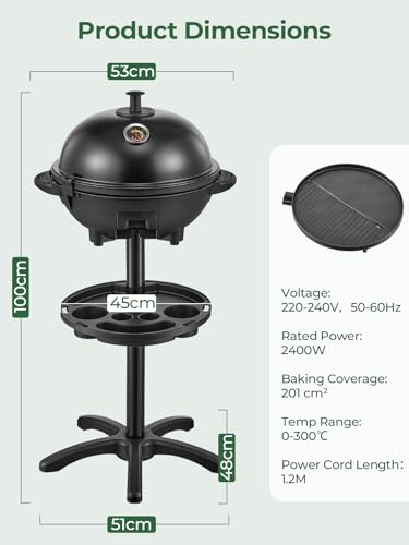 FOHERE 2400W Electric Barbecue 2 in 1: Stand & Table Grill, Adjustable Temperature 0-300°C, 2 Zones, Non-Stick Plate Diameter 41 cm, Condiment Rack and Grease Tray, Black