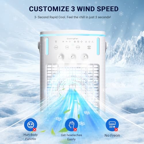 Portable Air Conditioners, New 4-in-1 Ultra-Quiet Portable AC Unit, 1000ML Water Tank Evaporative Air Cooler with 3-Cool Mist & 3-Speeds, Remote Control, 7 Color Light, 8H Timer for Bedroom,Office,Car