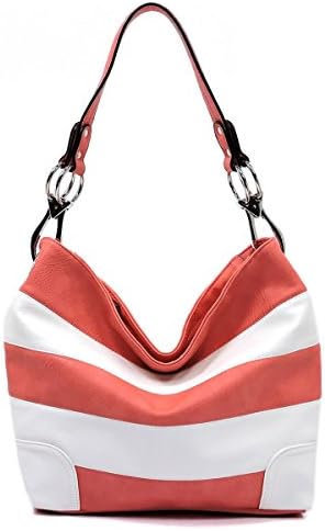 Elphis Striped Classic Shoulder Bag Hobo Bucket Day Handbag Snap Hook Purse (Peach/White)