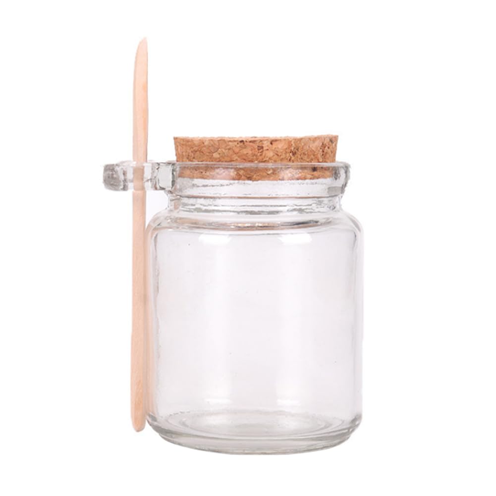 1PCS 250ML Empty Fillable Round Mono-Ear Glass Transparent Bath Salt Shaker with Wooden Spoon Box Cork Powder Bottle Dispensing Container for Honey Candy Condiments Flour Mung Beans