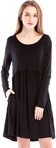 Imido Women's Long Sleeve Pleated Loose Swing Casual Dress With Pockets Knee Length (M, Black)
