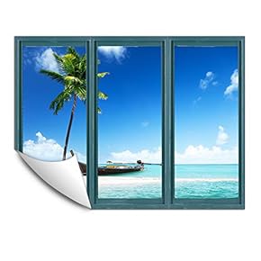 Wall Murals for Bedroom Fake Window Beach Blue Window Removable Wallpaper Peel and Stick Wall Stickers - 24x32 inches