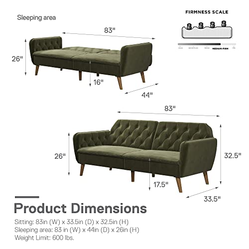 Novogratz Tallulah Memory Foam Futon, Convertible Couch, Green Velvet
