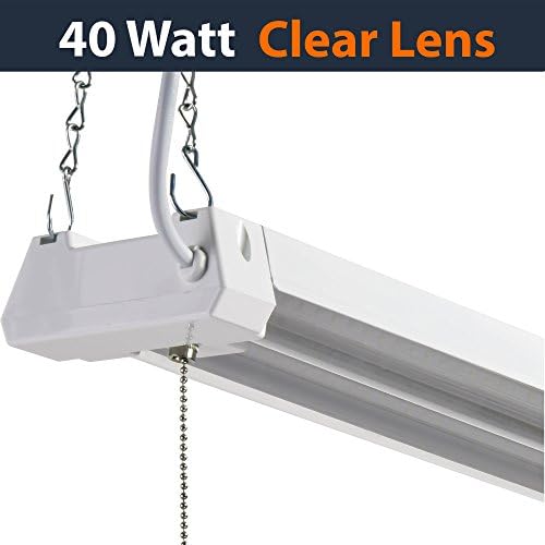LED 4ft Utility Shop Light - 40W, 5000K, Linkable, Clear Lens, 4500LM, Replaces 4 Foot Fluorescent, Garage Shoplight Ceiling Fixture, Pull Cord Chain, Plug in