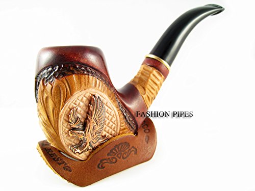 New Tobacco Smoking Pipe Metal "American Eagle" Carved Pear Root Wood + Pouch Gift! (4)