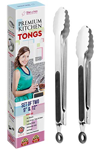STAR Of IRON BBQ Tongs Premium - Grill Tongs - Set 9 & 12 Inch - Tongs For Grilling - Tongs Heavy Duty - Long Tongs 12 - Barbecue Tongs - Barbeque Tongs - Tongs Long - Non-Slip Grip Sturdy