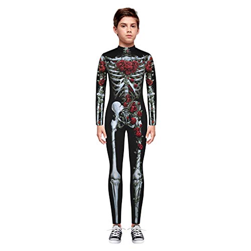 charmsamx Kids Halloween Jumpsuit Cosplay Costume Skeleton Printed Bodysuit Lifelike Novelty Skull Tights Halloween Costumes for Boys Girls