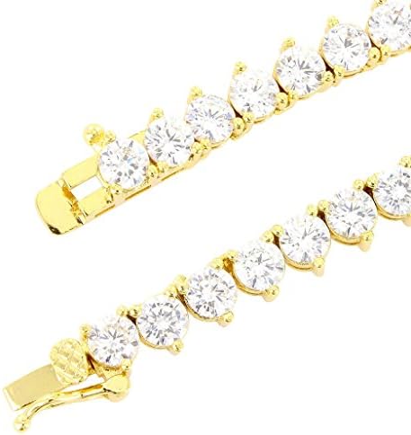 Unisex 1 Row 14K Gold Finish Lab Created Diamonds 4MM Thick 3 Prong Stone Tennis Necklace Chain 16-24 Inches Bracelet 6.5-8.5 Inches Iced Out Solitaires
