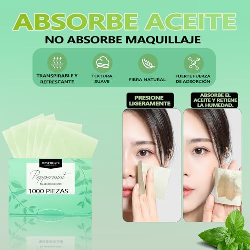 1000 piezas de papel de arroz facial. papel absorbente de grasa facial. papelitos absorbentes de brillo facial. Elimina el brillo del aceite, el papel es suave, adecuado para aceite facial (Menta)