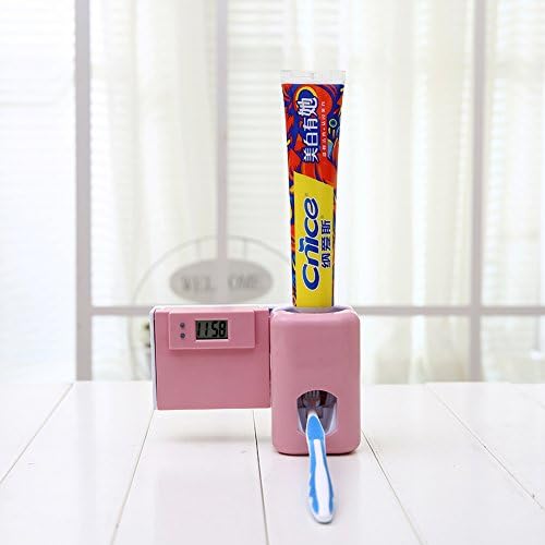 Toothbrush Holder Wekity Toothpaste Automatic Dispenser Anti-dust Cover Toothbrush Holder Squeezer Kit with Electric Watch, 3 Holders Wall Mounted Bathroom Accessories Storage Set (Pink)
