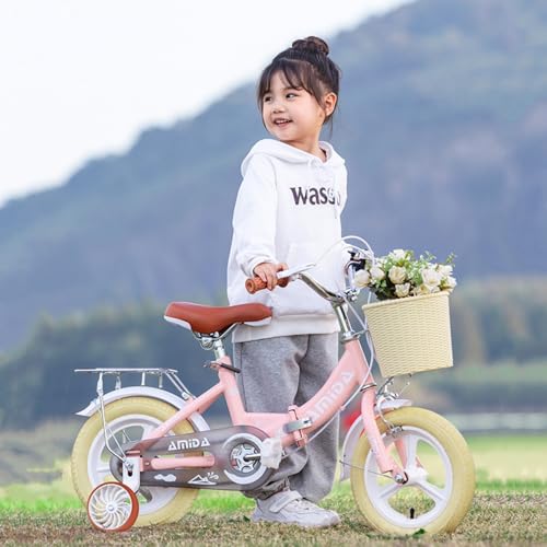 AM ANNA Girls Bike with Basket for 3-12 Years Old Kids, 12 14 16 18 Inch Bicycle with Training Wheels, Basket, Adjustable Seat & Handlebar, Hand & Coaster Brakes, Bell for Girl Boy (Pink, 12'')