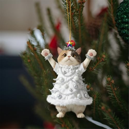 Christmas Cat Ornament, 2D Flat Acrylic Kitten Pendant with Christmas Tree Dress Design, Cute Cat Hanging Decor for Xmas Tree, Car Rearview & Home Festive Decoration (White)